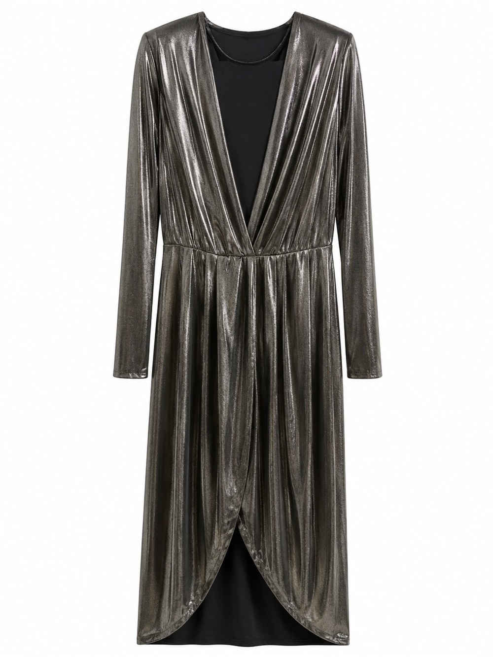 Express Metallic Faux-Wrap Long Sleeve Dress - Gunmetal Sheen